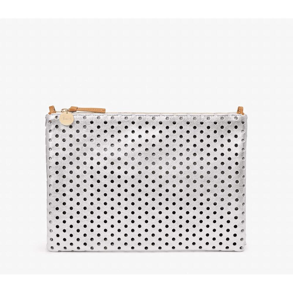 Silver CLARE V. flat clutch with tabs in silver.  Sold out on Clare V. Site.